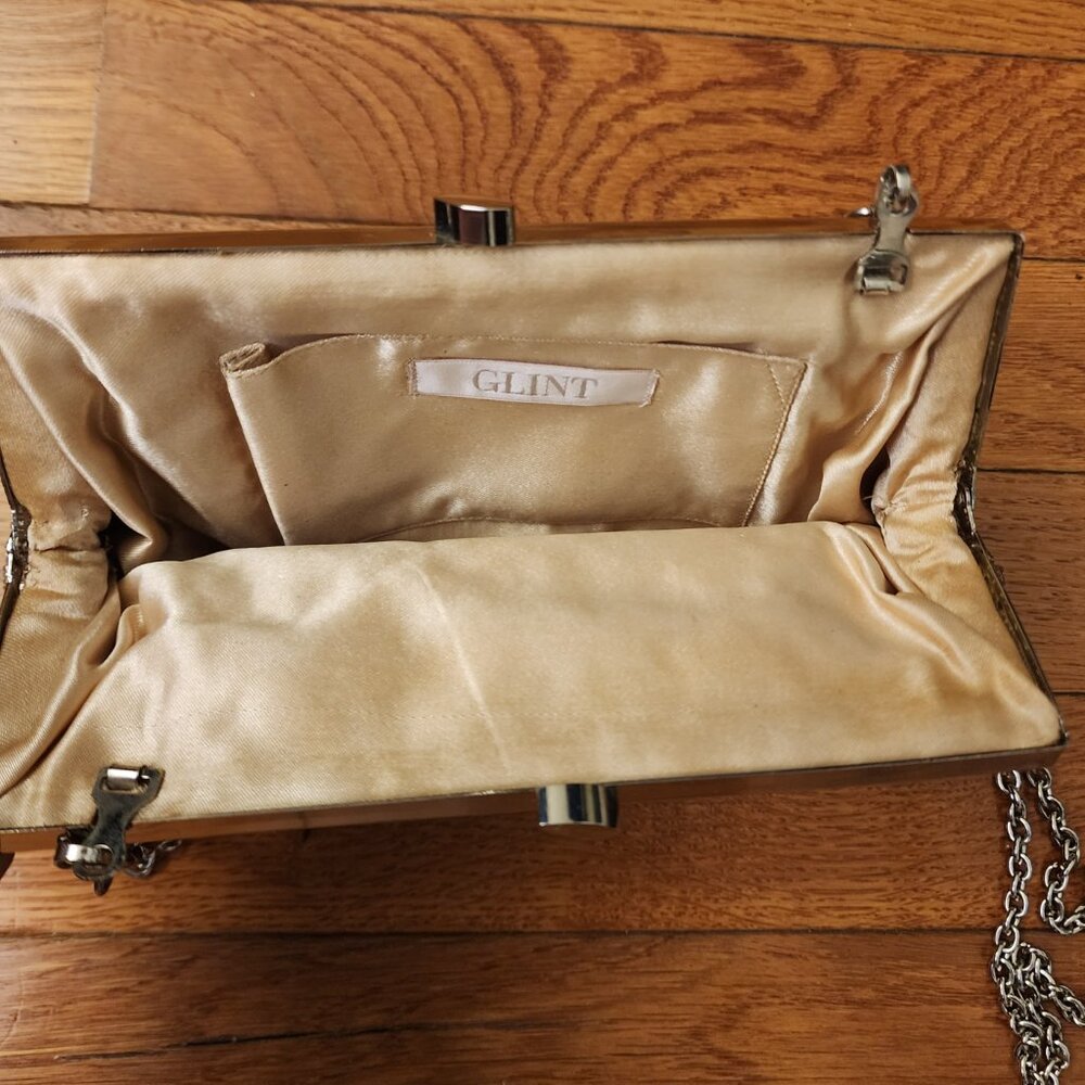 Glint / Nordstrom Champagne Pearl & Crystal Clutch w/ Shoulder Chain - Picture 6 of 7